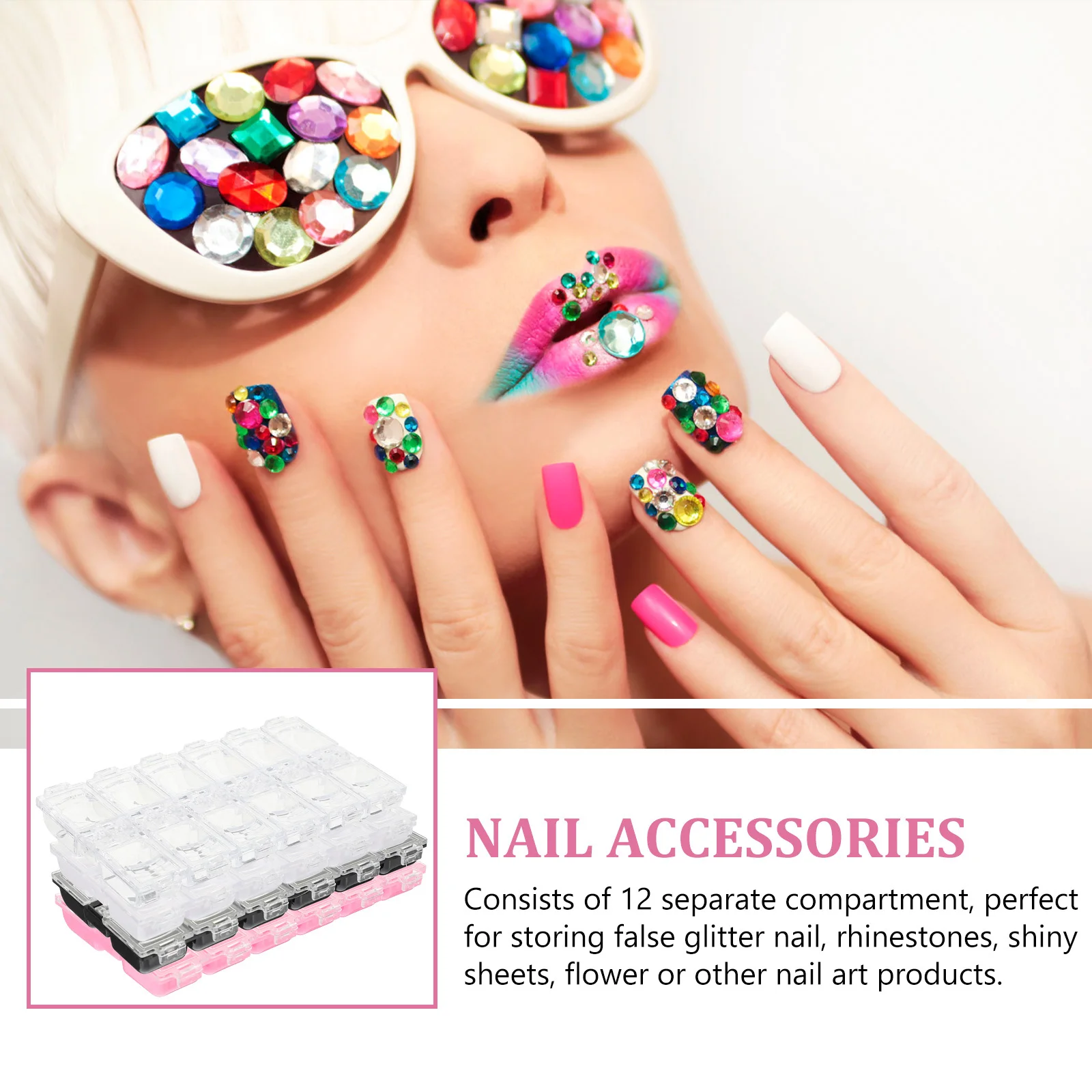 

4Pcs Nail Art Storage Organizer 12 Compartment Transparent Plastic Container for Rhinestones Glitters Shiny Shoots Flowers