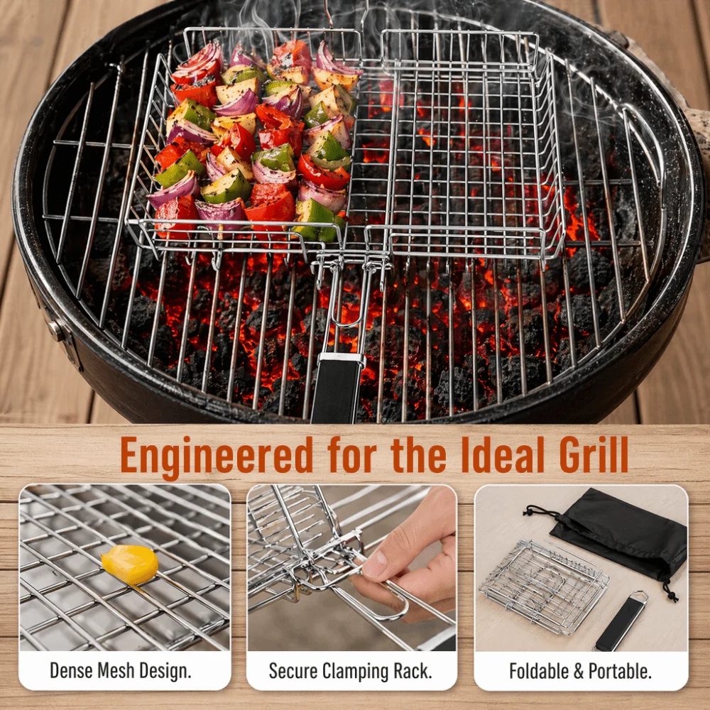 Stainless Steel Grill Basket Foldable Long Removable Wooden Handle Grilling Mesh Heat Resistant Dense Mesh BBQ Clamp
