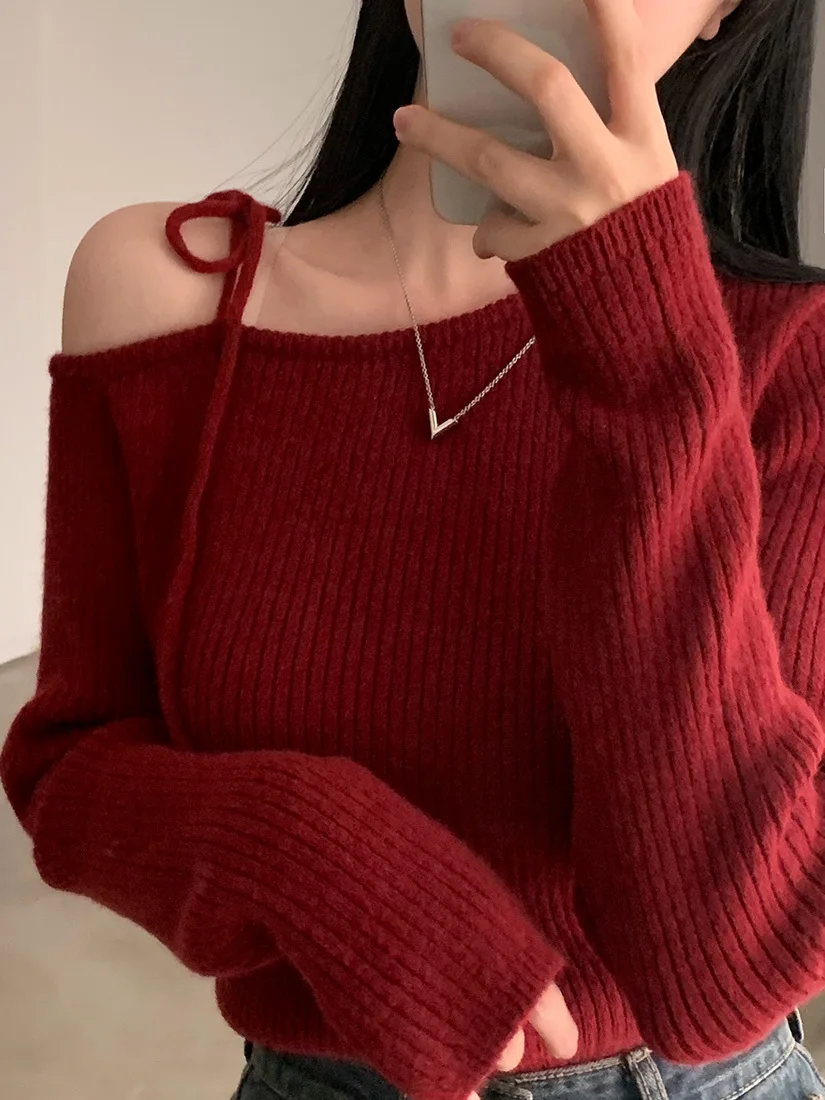 Schicker roter schulterfreier Strickpullover für Damen, Frühling und Herbst, weich, gemütlich, One-Shoulder-Design, Sensation, kleines ence-Top