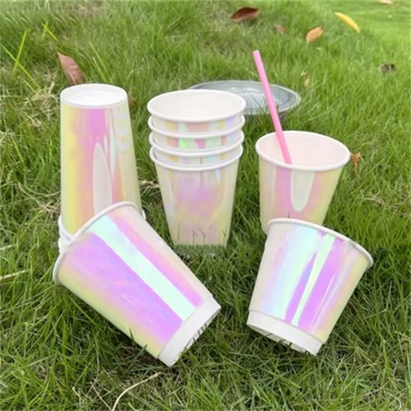 Paper Cup for Coffee Milk, Disposable with Lids, Rainbow Color, Drinking Utensils, Takeaway Beverage Tools, Juice Hollow Cup