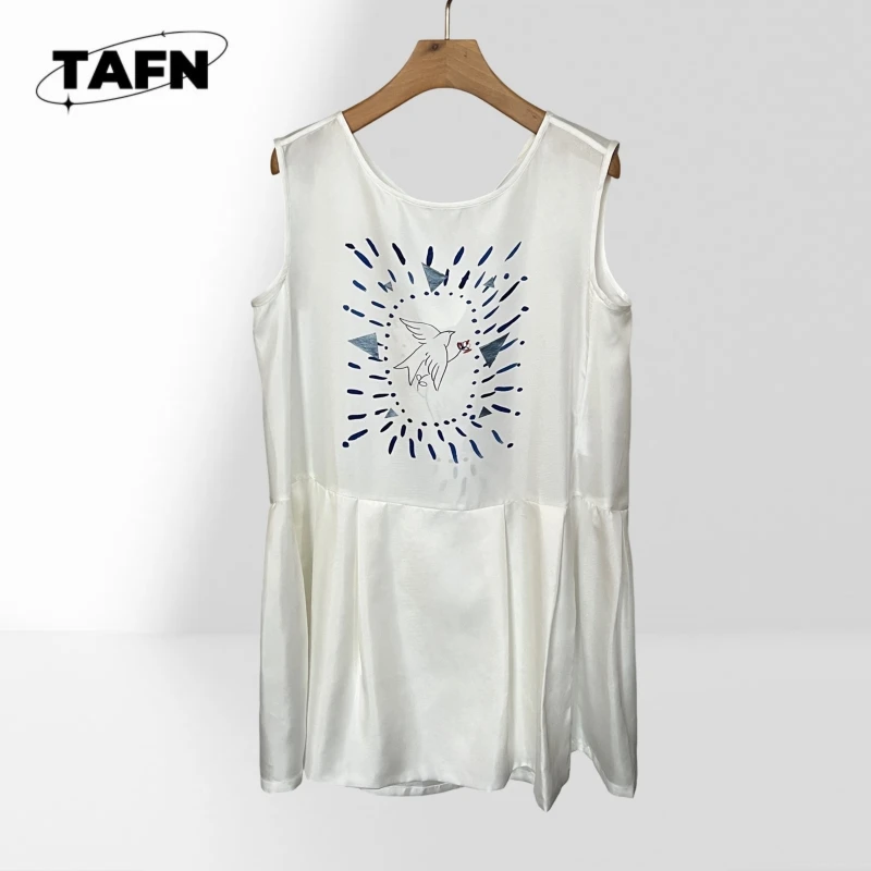 100%Silk Women's Sleeveless Graphic Blouse Round Neck Peplum Tunic Top Loose Casual Summer Elegant Fashion Top BF2318