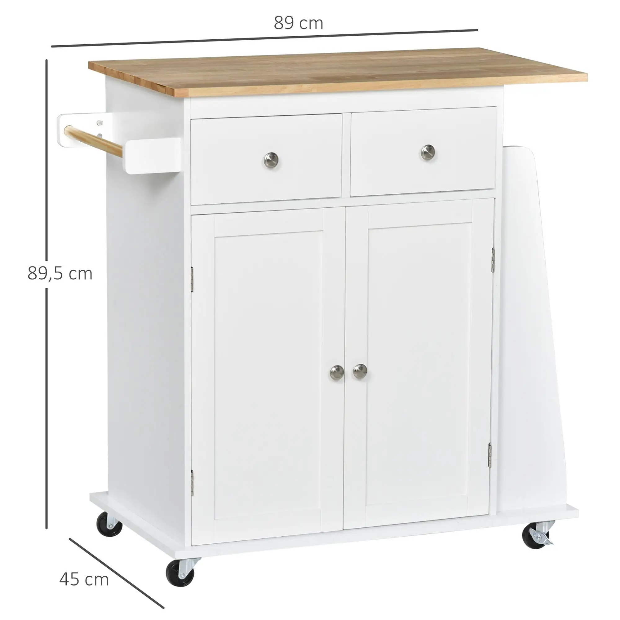 Carrito de Cocina de MDF y Madera de Caucho con 2 Cajones, 2 Puertas, Estante para Especias de 3 Niveles, 89x45x89.5 cm, Blanco