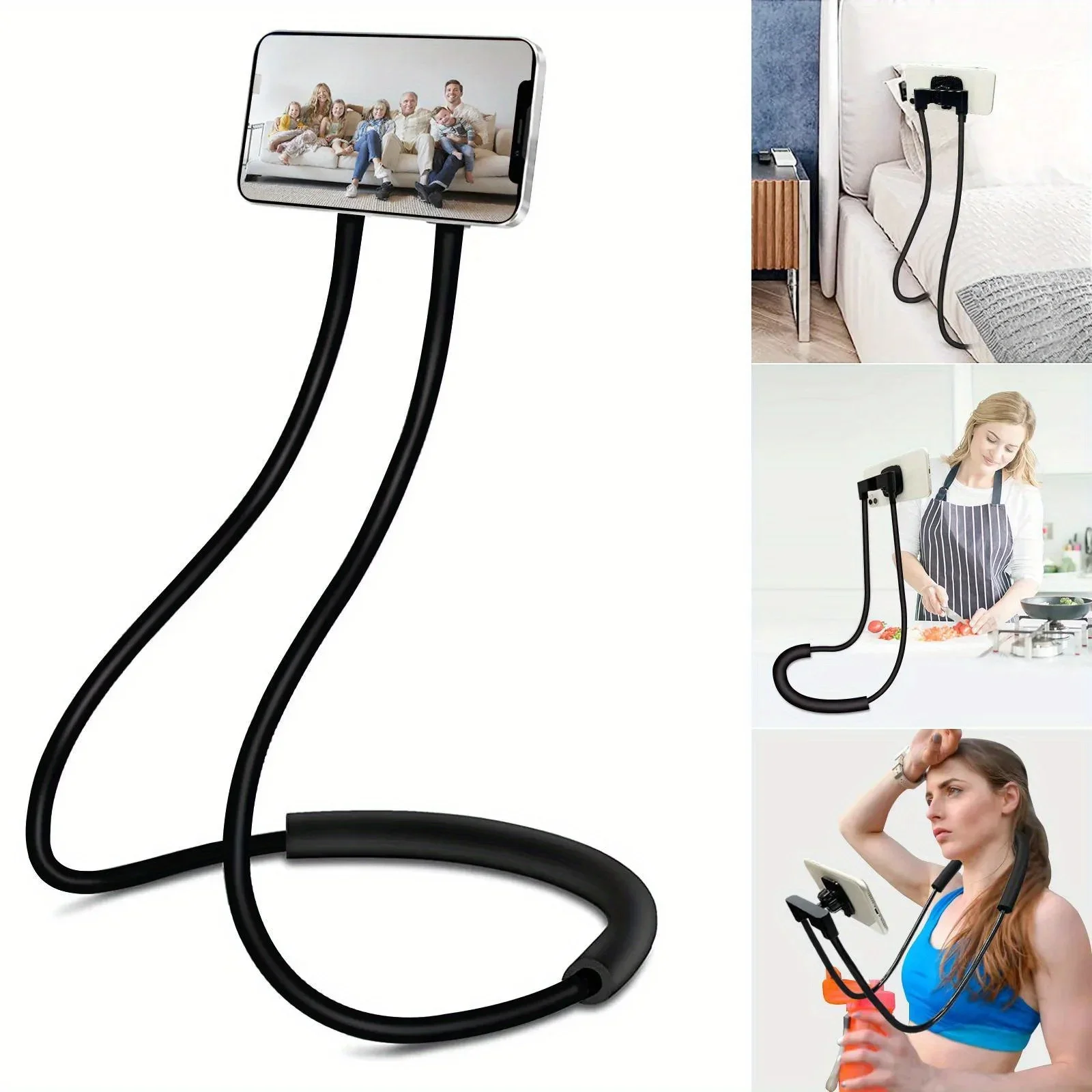 Retractable Neck Hanging Selfie Pole Stand Adjustable 360° Free Rotation Bracket Universal Desktop Bed Car Lazy Mobile Holder