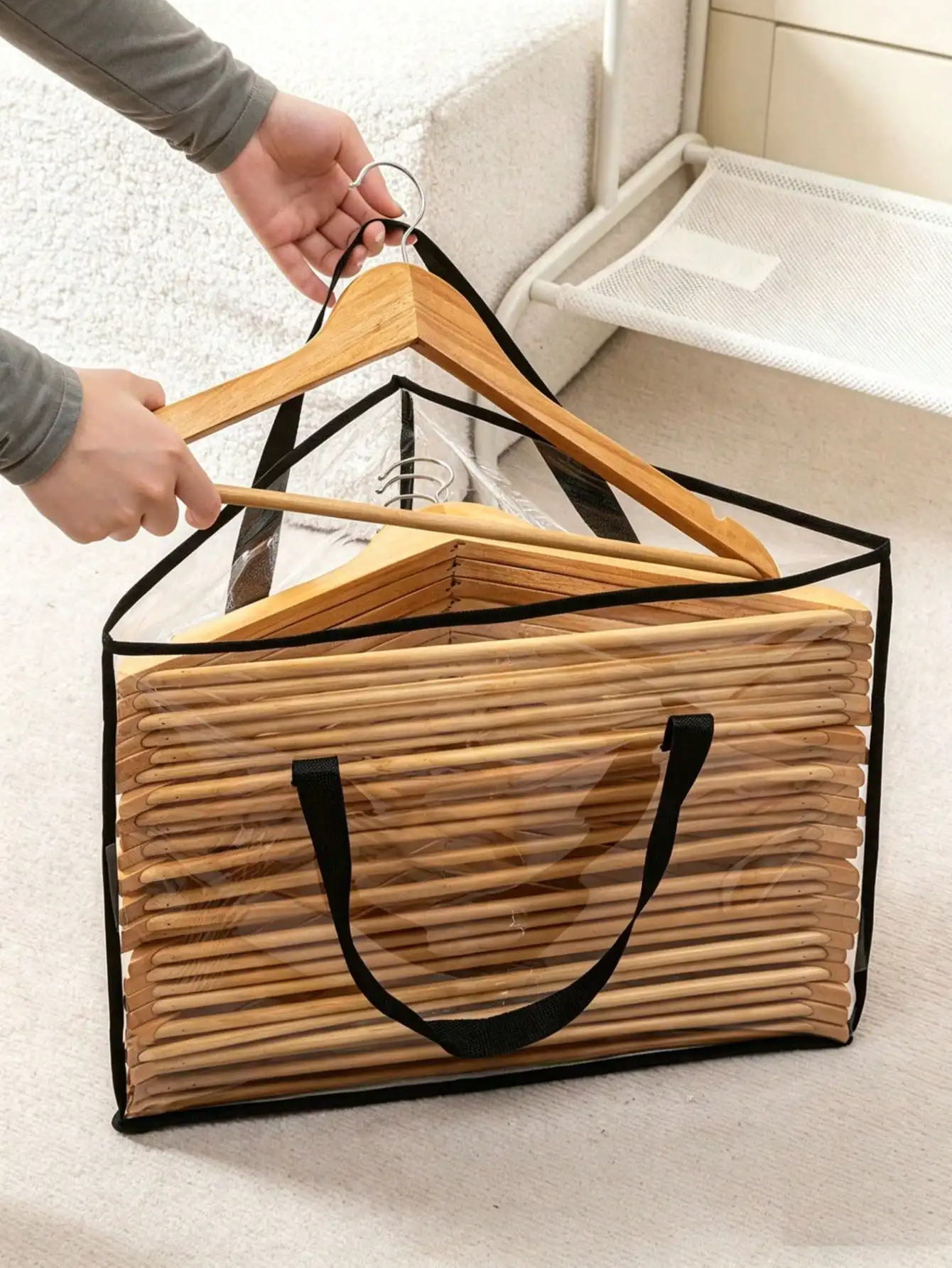 1pc Non-Woven Fabric Triangular Hanger Storage Bag, With Bottom Support Pad, Sturdy , Can Hold Up To 40 Hangers Of Different Sizes, Suitable For Wardrobe, Drying Rack, And Home Storage
