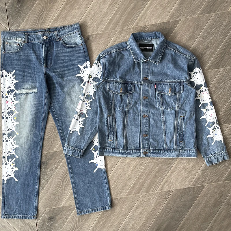 

Spider Worldwide Denim Jean Jaet And Long Pants Outerwear Set Youth Faion Spring Autumn Winter Stand Fit Trendy Square...