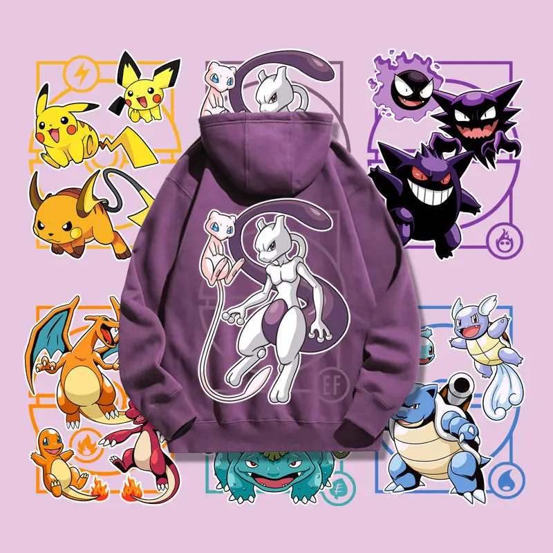 Pokemon Go Mewtwo Gengar Pikachu Couple Hoodies Sweatshirt Tracksuit Sports Sweatshirt Winter Retro Harajuku Casual Loose Jumper