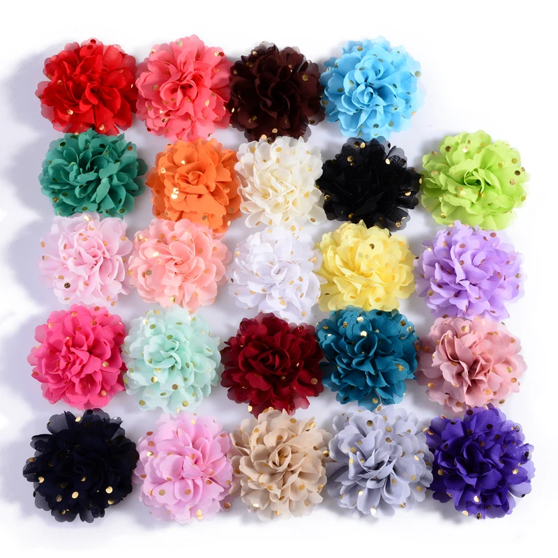 120PCS 10cm 24colors Big Chiffon Headband Flower Hair Clips Hairpins Fabric Flowers with Gold Dot for Girls Hair Accessories