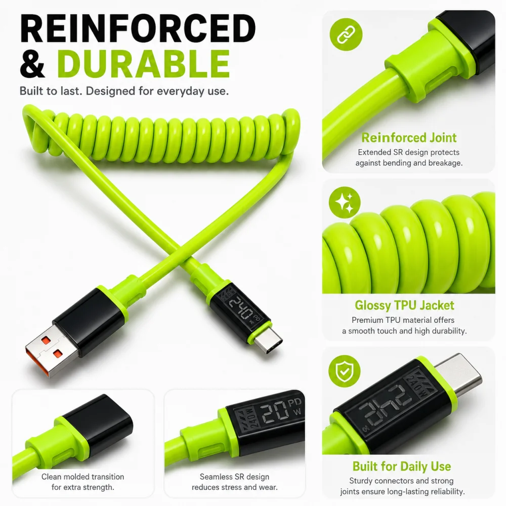 240W Typ-C-auf-Typ-C-Schnellladekabel, universelles, spiralförmiges, teleskopisches USB-Kabel, 6A USB-C-Kabel für Xiaomi, iPhone, Samsung – Detail 7