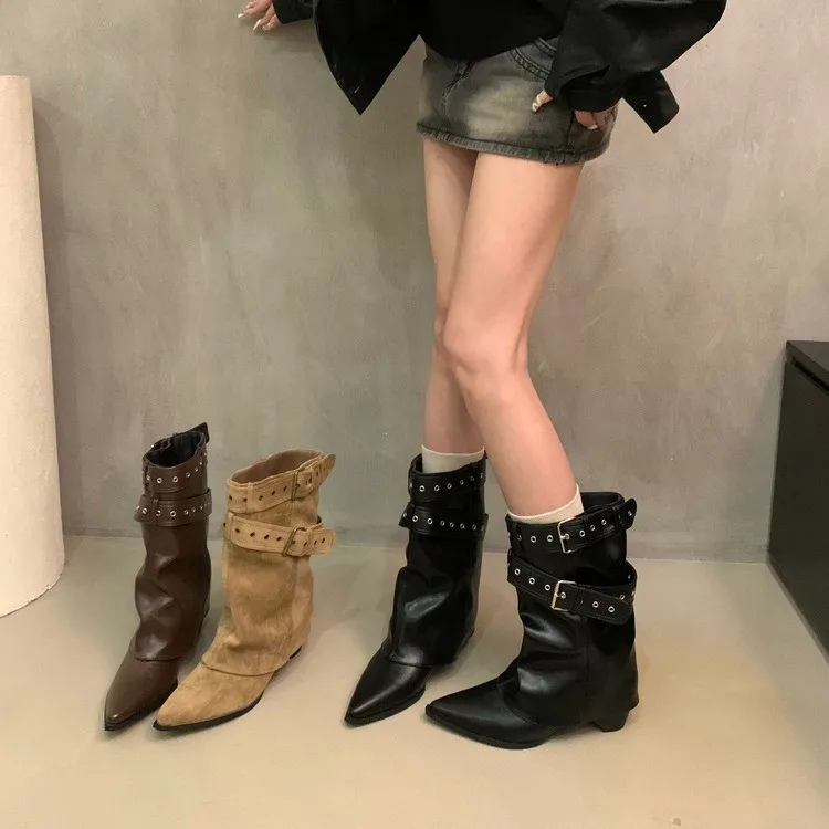 

Vintage Belt Buckle Thick Heel Women Ankle Boots Pointed Toe Toe Stripper Party Shoes Autumn Winter Women's Short Booties
