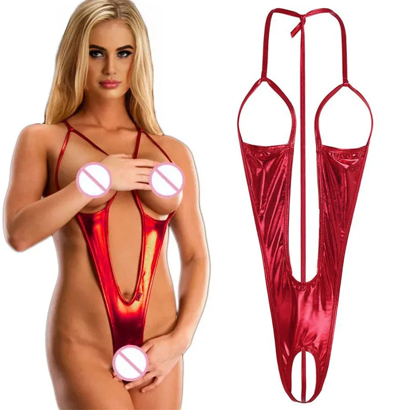 Hot sexy v-vormige glanzende bodysuit vrouwen sexy lingerie erotische pu lederen bikini porno rollenspel outfits fancy ondergoed sexy set
