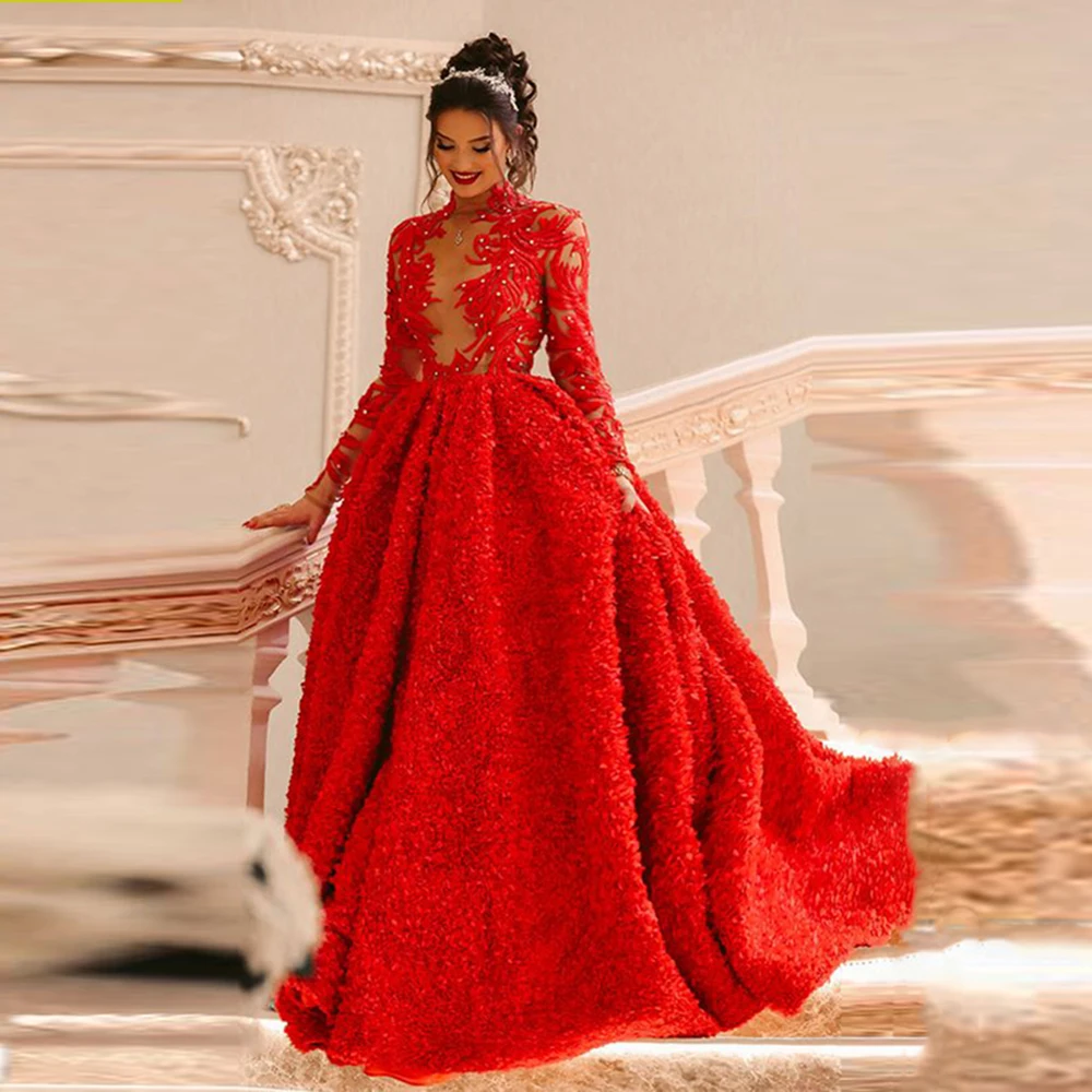 Vestidos De Noche De línea A De encaje rojo para mujer, vestidos De graduación De cuello alto De manga larga De Arabia Saudita, vestido De fiesta De ocasión Formal