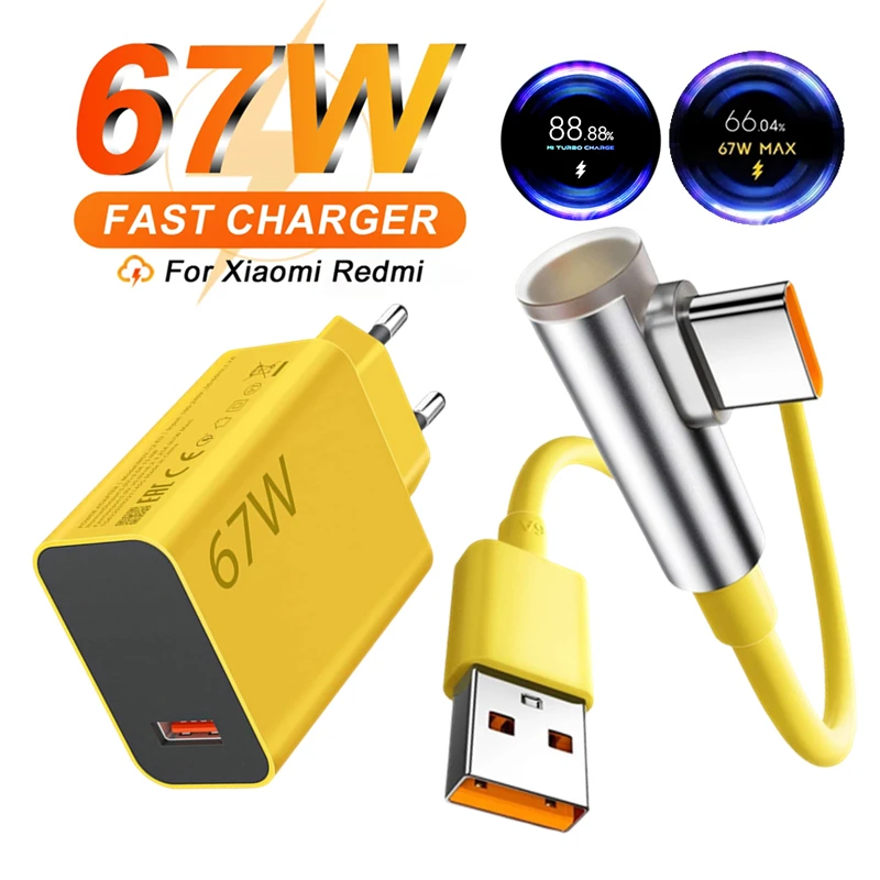 67W 6A Turbo Fast Charger for Xiaomi 12 13 14 15 Redmi Note 11 12T 13 14 Pro POCO X4 X5 X6 X7 Elbow Type C Rapid Charging Cable