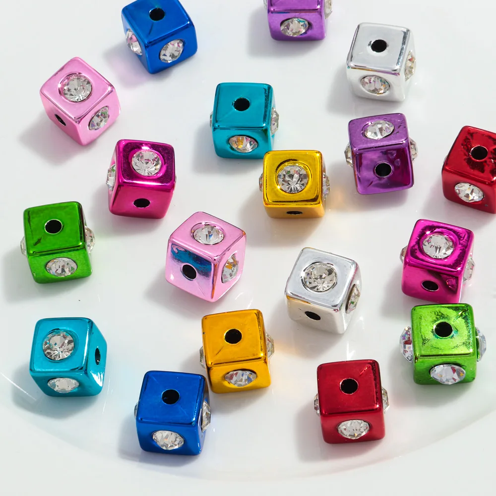 New 10pcs Metallic Color 14mm Cube Shape Acrylic Beads Rhinestone Geometric Loose Bead Charms for DIY Jewelry Making Accessories