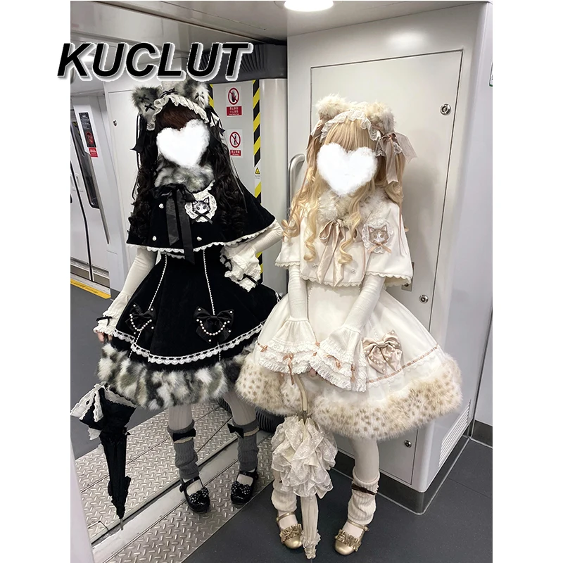 

Модное милое милое платье принцессы в стиле Лолиты с длинными рукавами и накидкой, осенне-зимний женский комплект из двух предметов