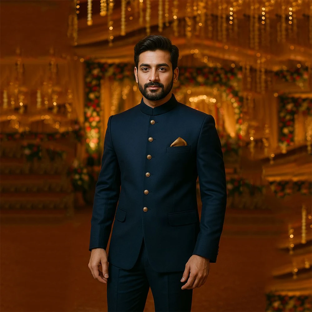 

Elegant Men's Suits 2 Pieces Jacket Pants Sets High Quality Stand Collar Full Buttoned Male Slim Fit Banquet Business Clothing