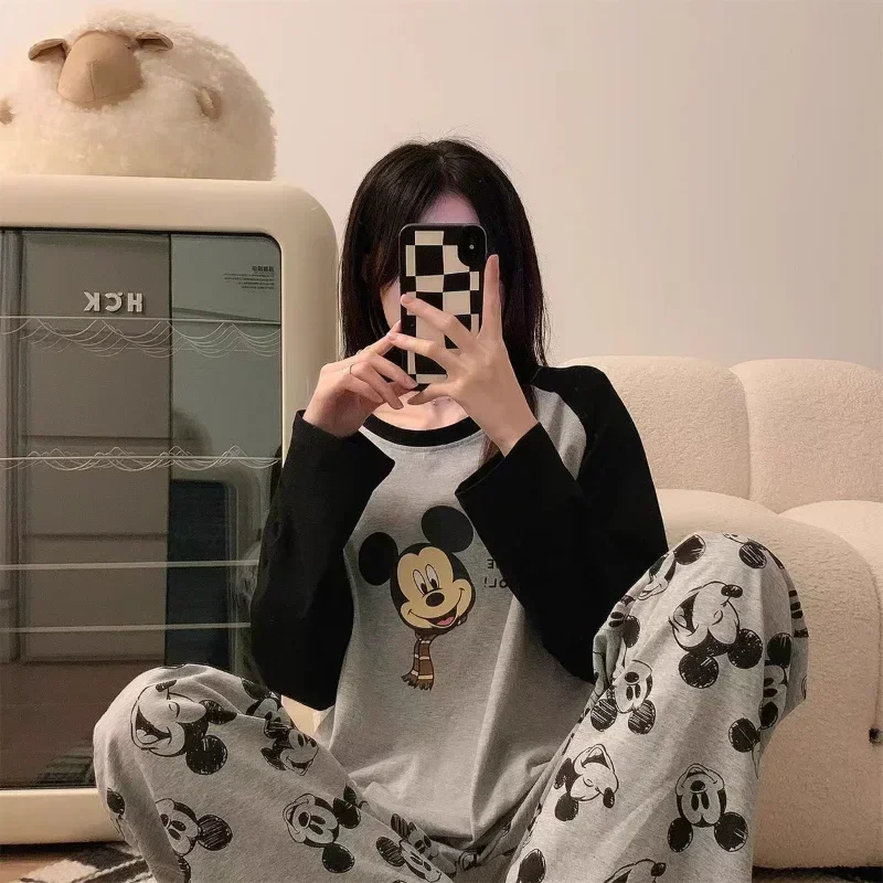 Disney Mickey Mouse otoño algodón puro nuevo conjunto de dos piezas de manga larga con cuello redondo pijamas de seda para mujer conjunto de ropa de