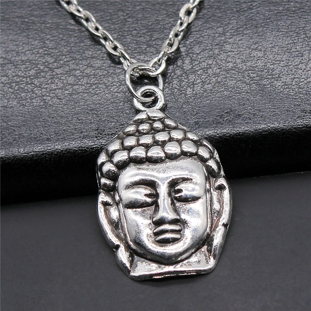 Fashion Simple Vintage Antique Silver Color 29x19mm Buddha Head Buddha Statue Buddhism Pendant Necklace For Women