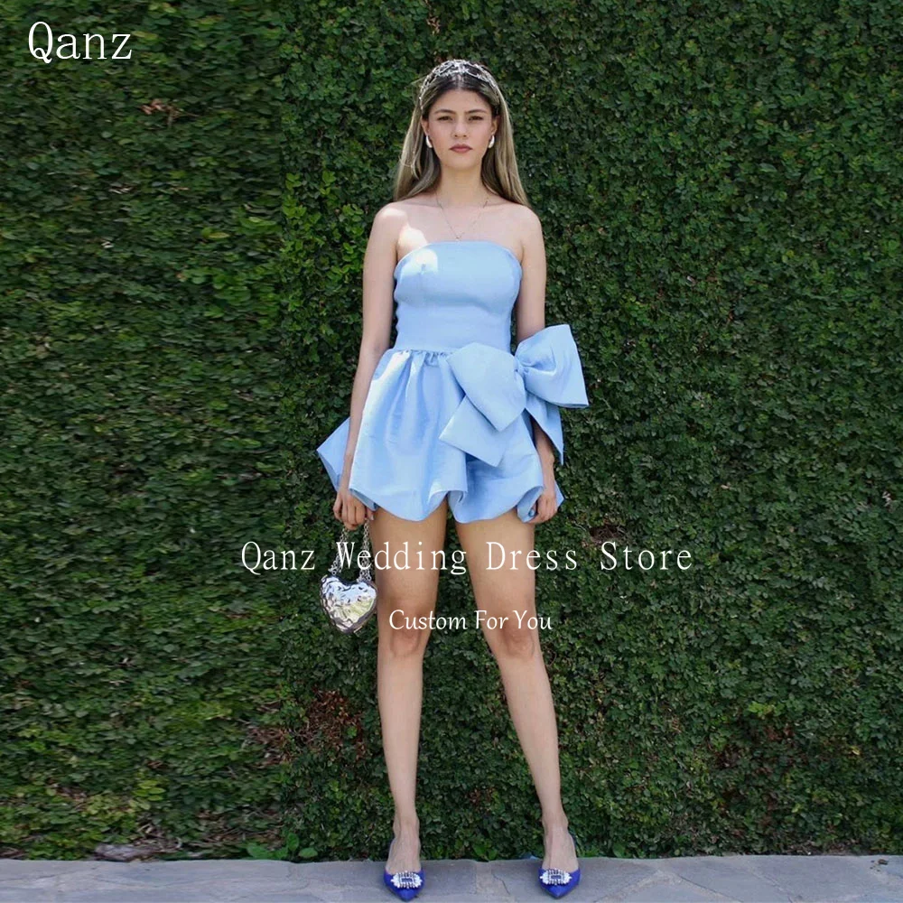 

Qanz Mini Blue Prom Dresses Strapless Satin Birthday Dress Women 2024 Backless Above Knee Cocktail Party Club Dresses Plus Size