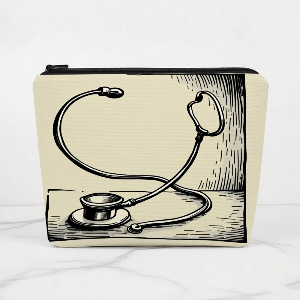 Stethoscope Sketch Design Pattern Print Makeup Bags for Girls Cosmetic Pouch Toiletry Bag Pencil Case Travel Storage