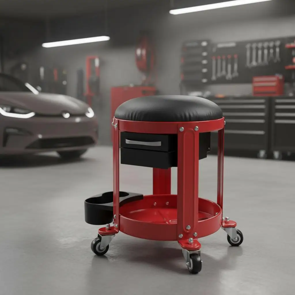 

Передвижной стул для мастерской 14x14x18 дюймов для гаража, мастерской, автосервиса, грузоподъемность 300 фунтов, с мягким сиденьем и подносом для инструментов, 2 отделения для хранения