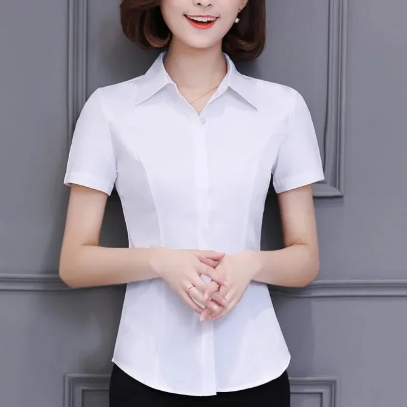 

Turn-down Collar Women's Clothing Solid Color Summer Short Sleeve Button Cardigan Shirt Fashion Casual Elegant Korean Tops