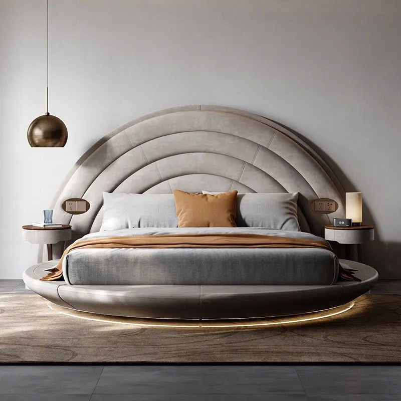 

Round Luxury Bed Genuine Leather Headboard European Confortable Modern Bed Aesthetics Floating Wedding Cama De Casal Furniture