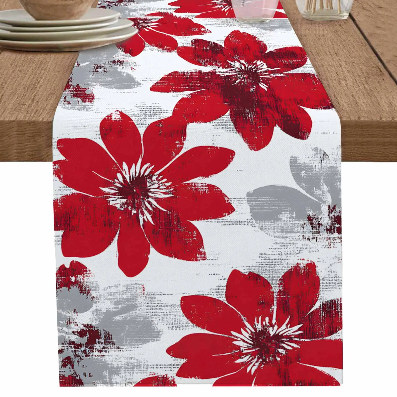 

Retro Red Flower Rustic Table Runner Kitchen Decor Tablecloth Placemat Hotel Home Wedding Decor Table Runners