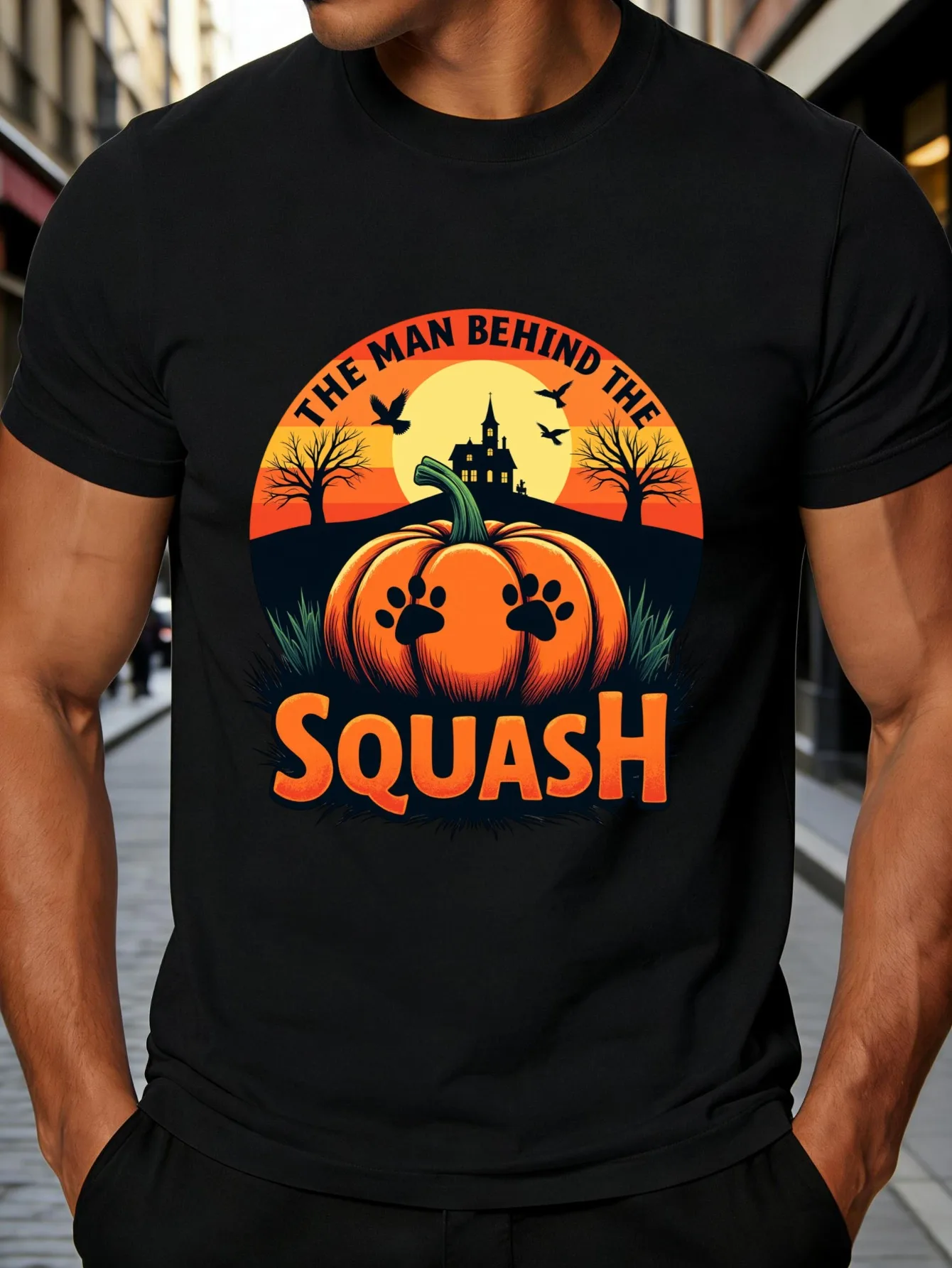 Halloween Style Men's T-Shirt Pumpkin and Haunted House Design Autumn Gift for Men