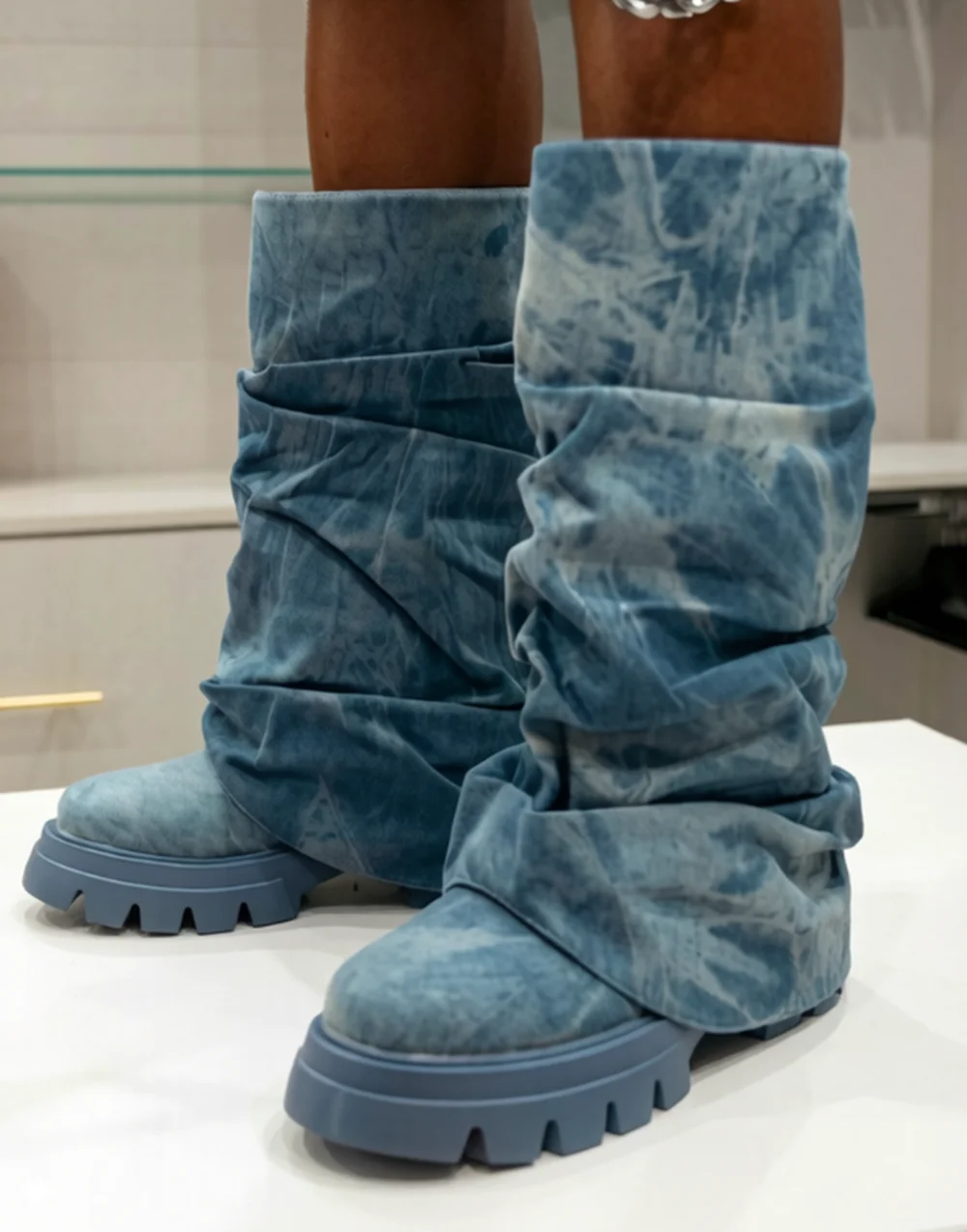 Tie-Dye Blue Washed Denim Knee High Boots Oversized Fold Ruched Shaft Round Closed Toe Chunky Thick Lug Sole Casual Tall Boots