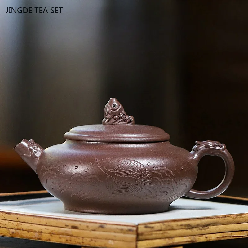 1PCS 300ML Yixing purple clay tea pot Chinese retro boutique raw ore purple clay hand carved fish tea set zisha Teapot