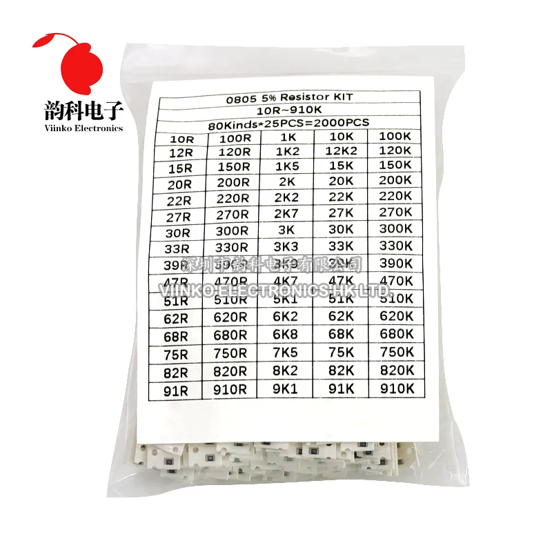 0805 5% SMD Resistor Kit 10 Ohm~910K 80valuesX25pcs=2000pcs Resistance Assorted Samples set