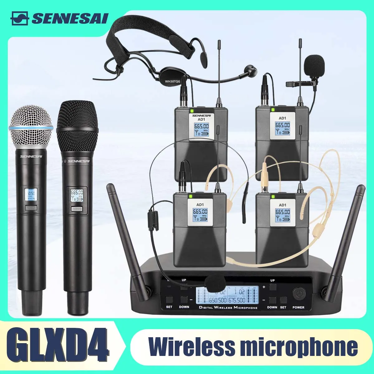 GLXD4  B58 Professional Dual Wireless Microphone 600-699MHz System Stage Performances UHF Dynamic 2 Channel Handheld