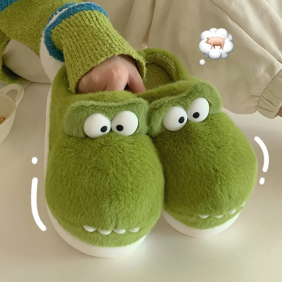 Cute Crocodiles Winter Shoes New Women Indoor Slipper Soft Heel Platform Fur Warm Comfortable Fluffy Couples Home Slippers