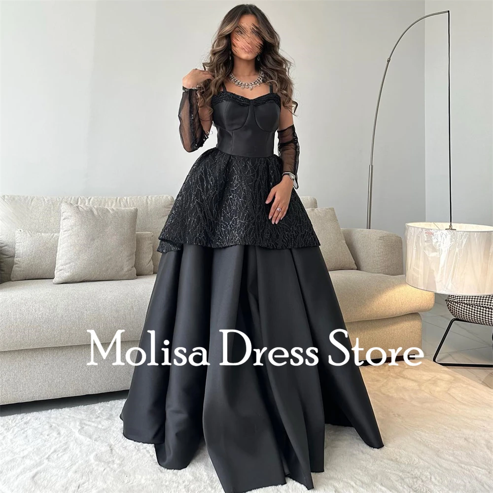 Fashion Sweether A-Line Black Satin Prom Dress for Women Floor-length Evening Party Gown Formal Occasion Dresses  فساتين السهرة