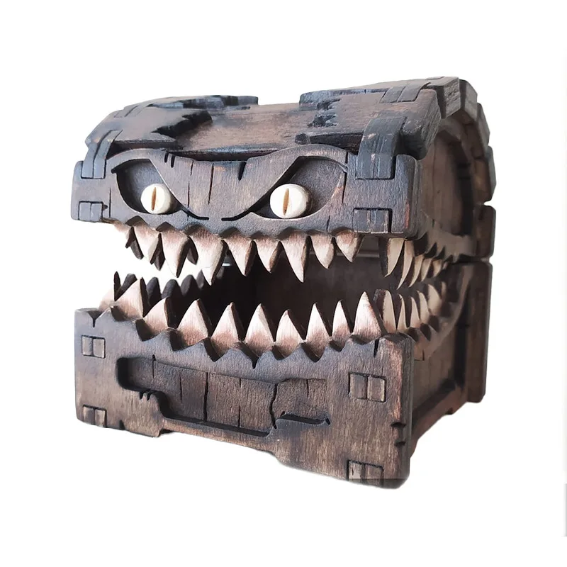 Mimic Chest para Dungeons and Dragons, Tower Tray, Wood Gravado Dice, Terror Dobrável Portátil, Monster Craft Decoração Acessório