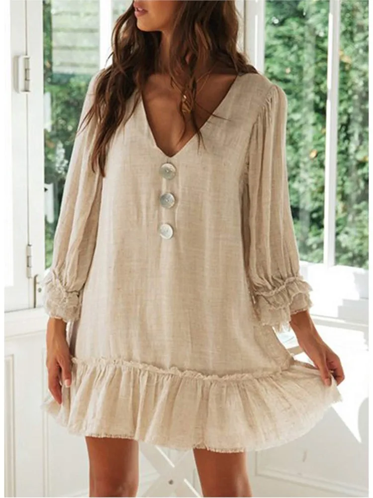 

Women Sexy V Neck Ruffles Dress Fashion Long Sleeve Button Pullover Loose Mini Dresses For Female Casual Holiday Beach Skirt New