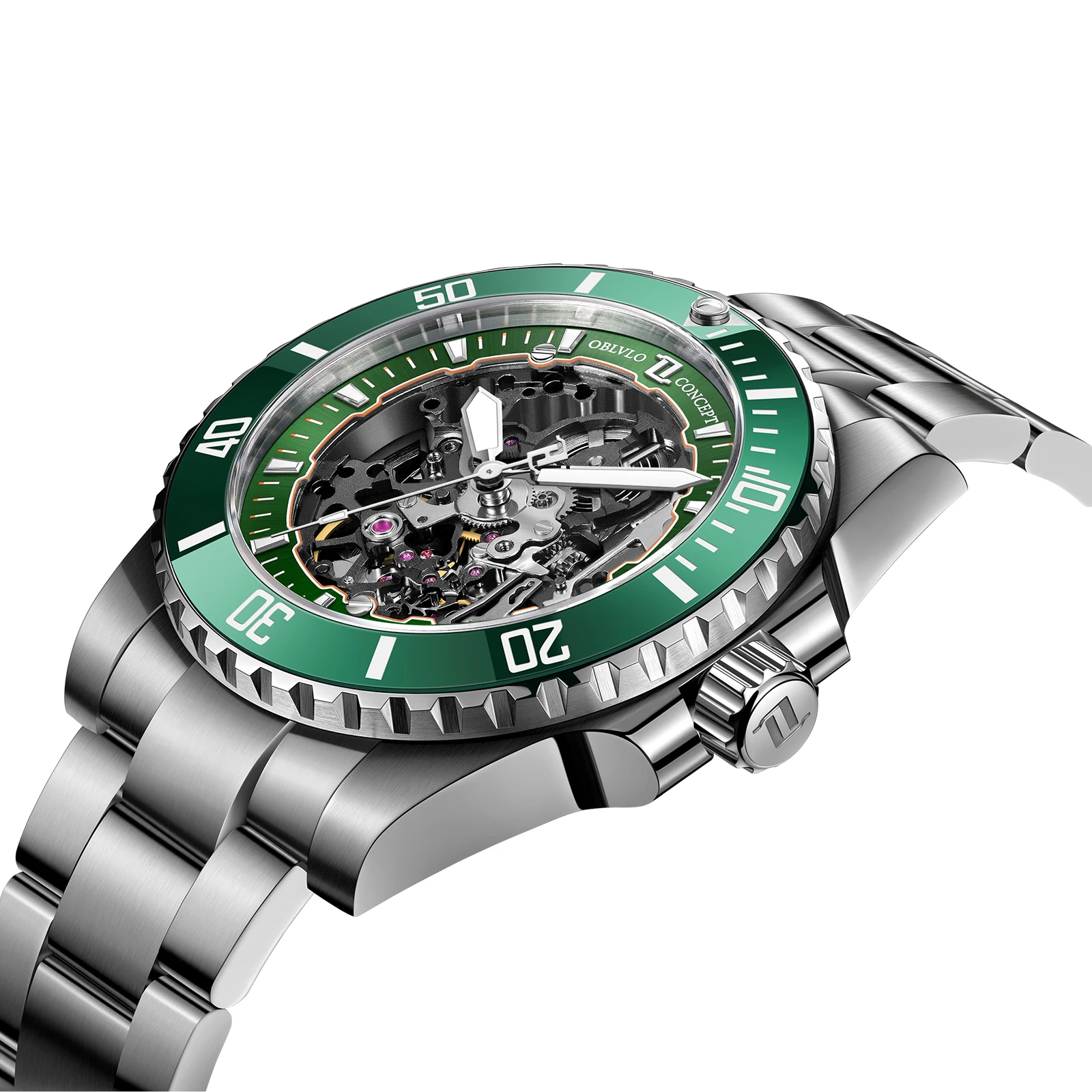 OBLVLO Luxury Men\'s Skeleton Stainless Steel Green Dial Mechanical Watch Fashion Luminous Automatic Waterproof Watches DMS