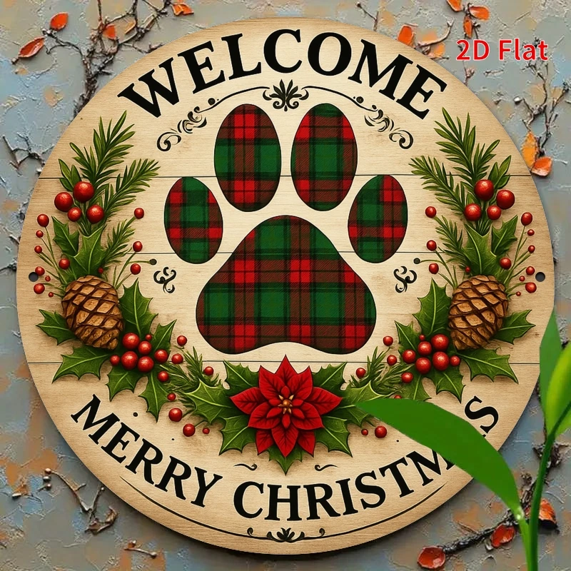 2D Flat, 2D Flat Wooden Sign, 1pc, Christmas Paw Print Welcome Sign, Suitable for Front Door, Porch, Living Room, Bedroom, Home