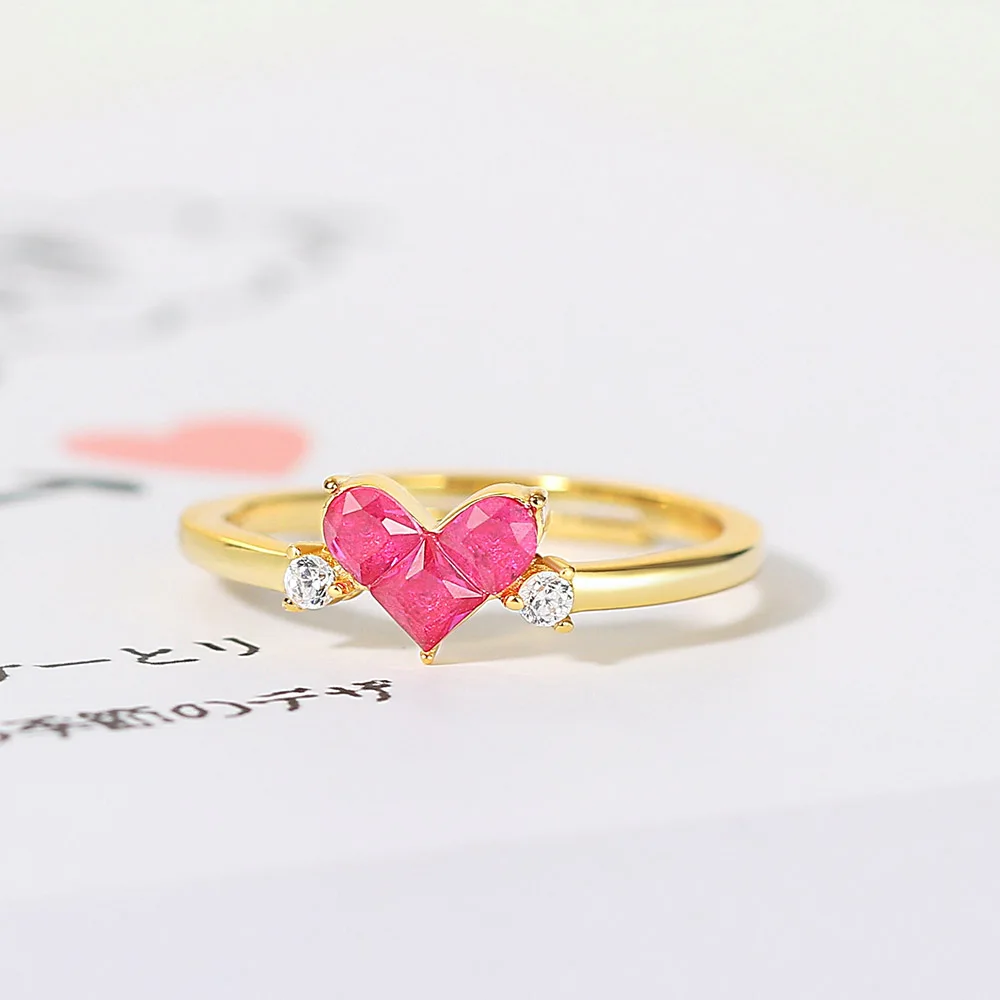 LAMOON 925 Silver Ring For Women Cute Sweety Heart Synthetic Corundum 14K Gold Plated Fine Jewelry Gift Japanese Style LMRI151