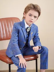 Flower Boys Wedding Dress Children Blue Jacket Vest Pants Photograph Suit Prince Kids Tuxedo Set Teenager Birthday Party Costume