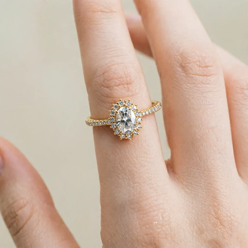 CxsJeremy Solid 18K Au750 Yellow Gold 1ct Oval Cut 5*7mm Moissanite Engagement Ring Vintage Unique Cluster Wedding Bridal Gift