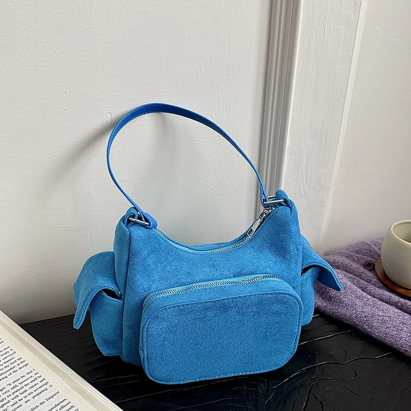 Multi-Pocket Single Shoulder Bag For Women Luxury Suede Leather Crossbody Bag French Style Underarm Handbag Shopper Purse