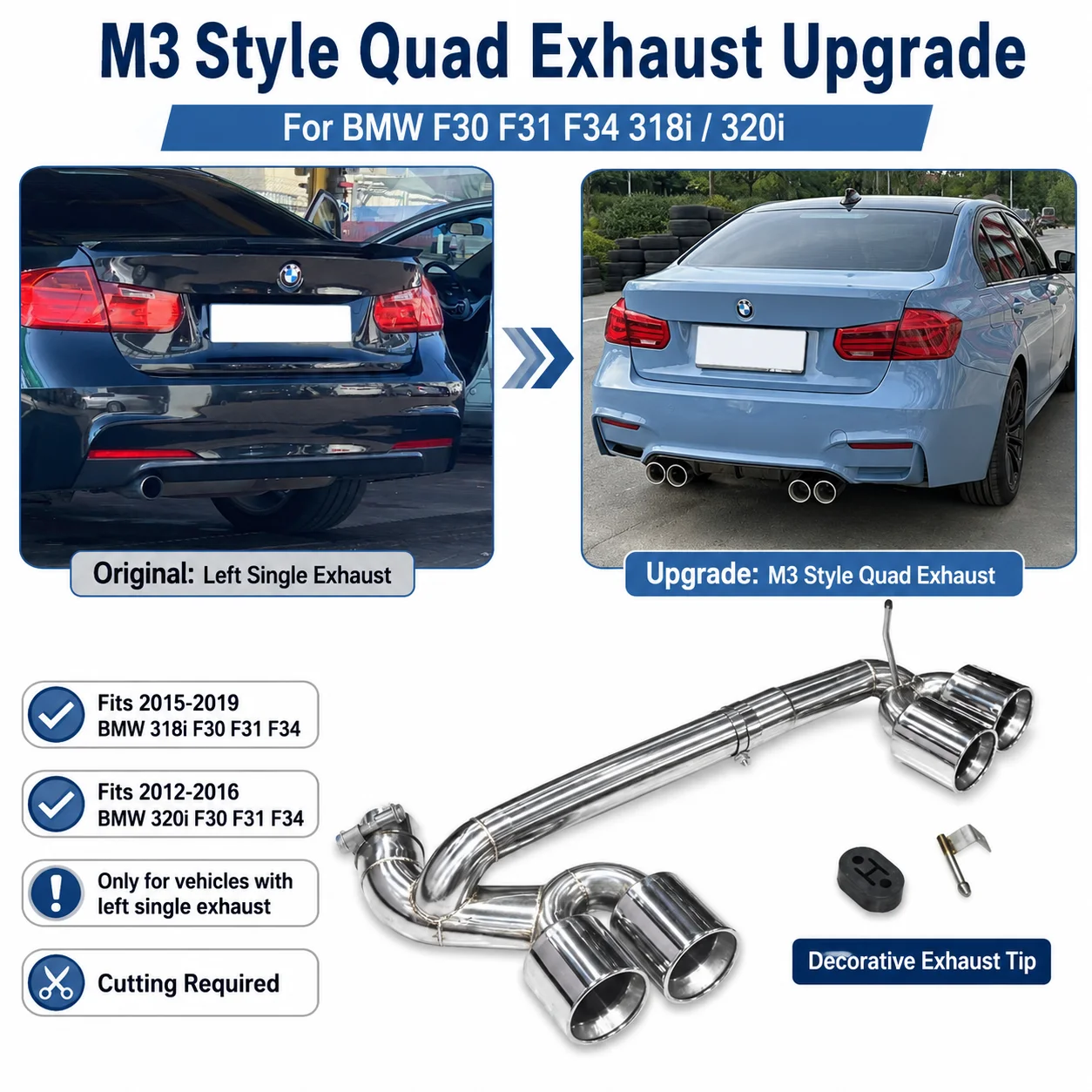 M3 Style Quad-Auspuffblende für BMW F30 F31 F34 318i 320i 2012-2016 Upgrade von Links-Einzel- auf Vierfach-Auslass, dekorativ aus Edelstahl