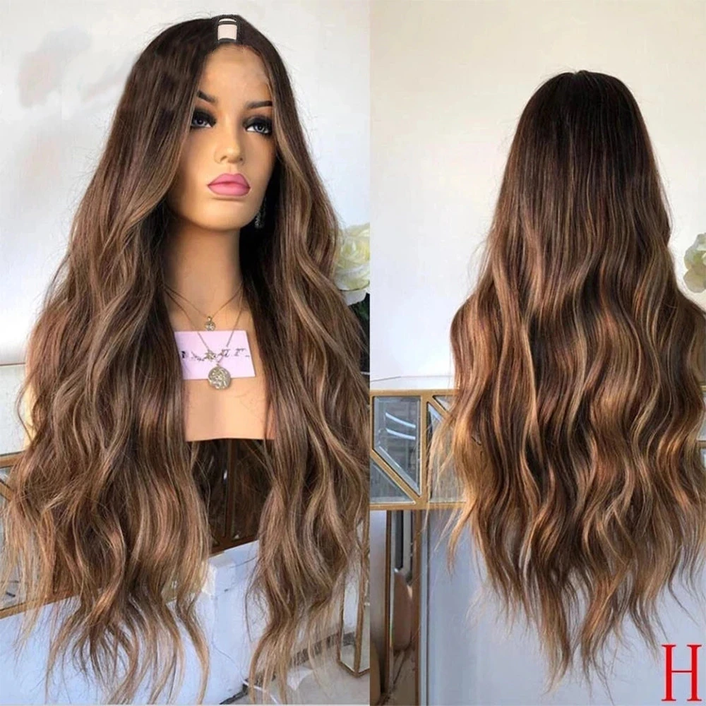 

Ombre Blonde Loose Wave V Part Wig Remy 100% Human Hair Glueless Highlight Chestnut Brown U Shape Half Wigs Full End 28 Inches