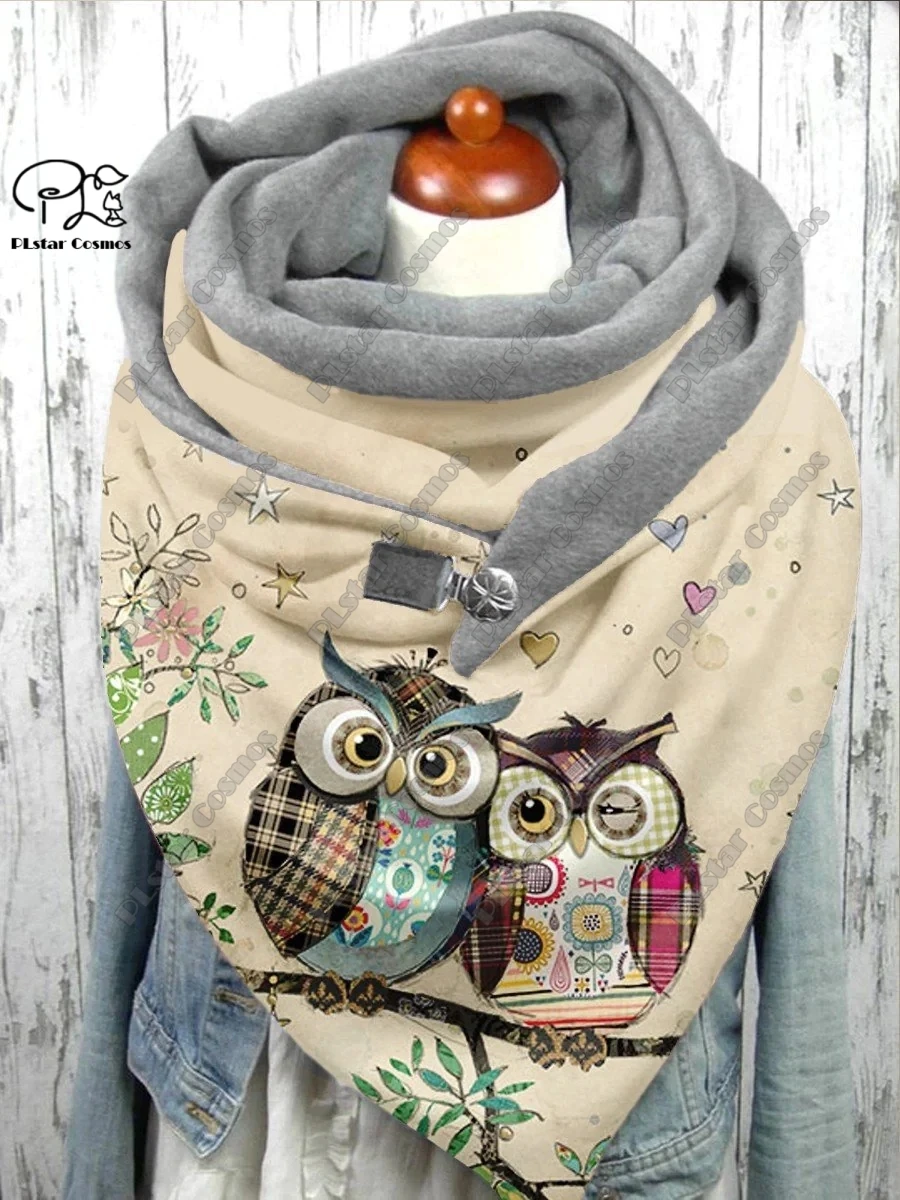 3D printed animal series cute owl pattern warm shawl scarf spring and winter large triangle scarf casual gift