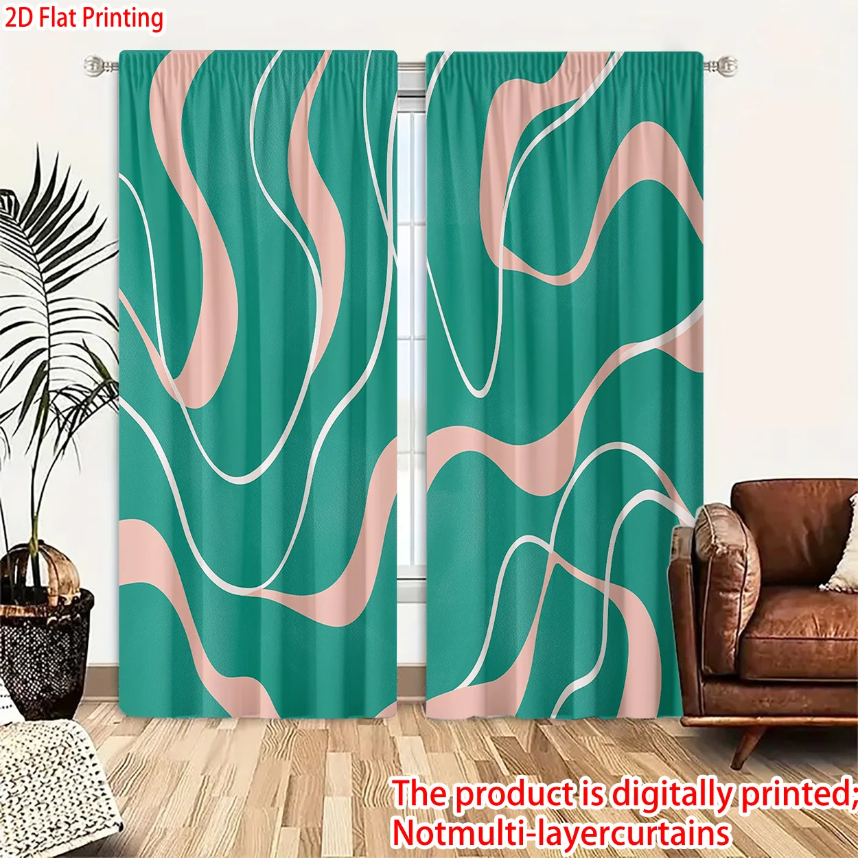 Modern Abstract Geometric Wave Curtains Teal Aqua and Peach Print Drapes for Living Room Bedroom Window Decor Panels