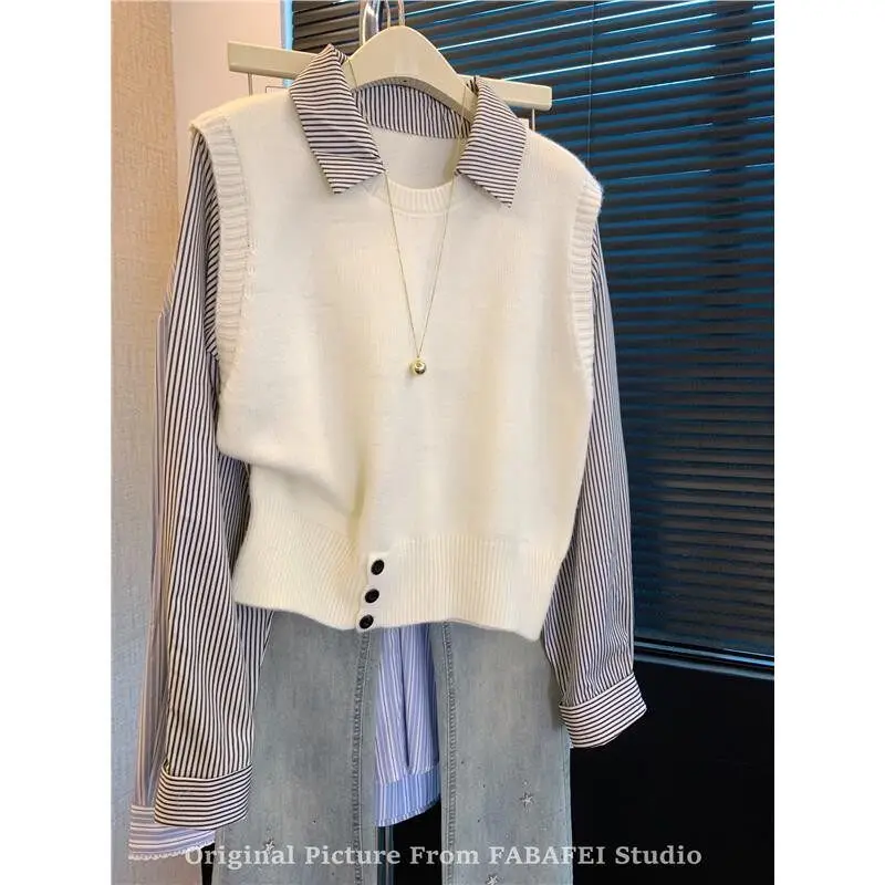 Striped Patchwork Fake Two-Piece Knit Sweater For Women 2026 New Loose Versatile Style Slimming Sweater For Female's Outerwear