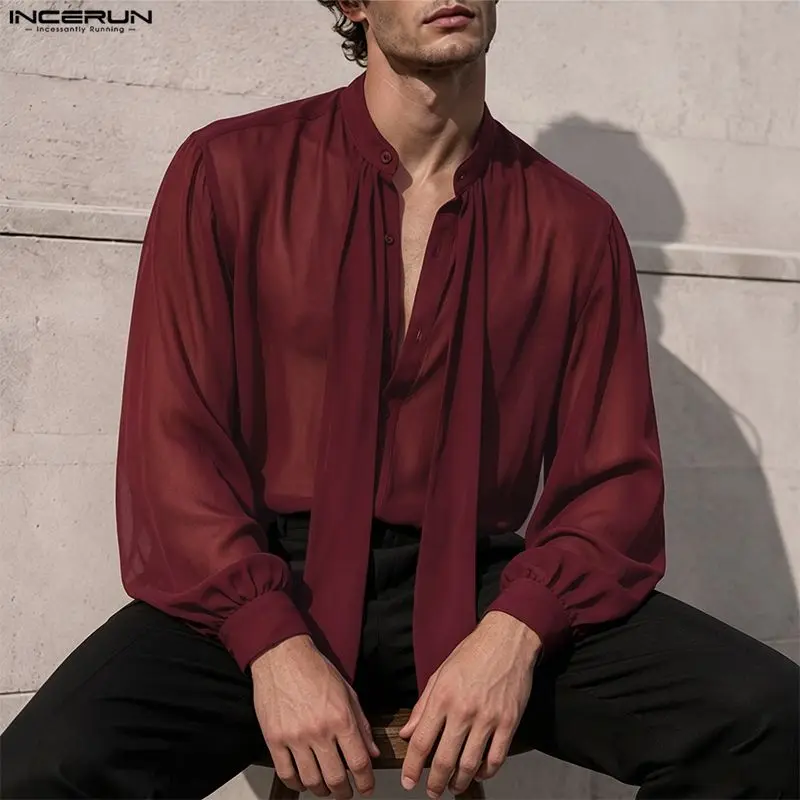 INCERUN Men's Shirt Solid See Through Long Sleeve Lace Up Men Clothes Sexy Streetwear Loose Shirts Party Fashion Tops For Man