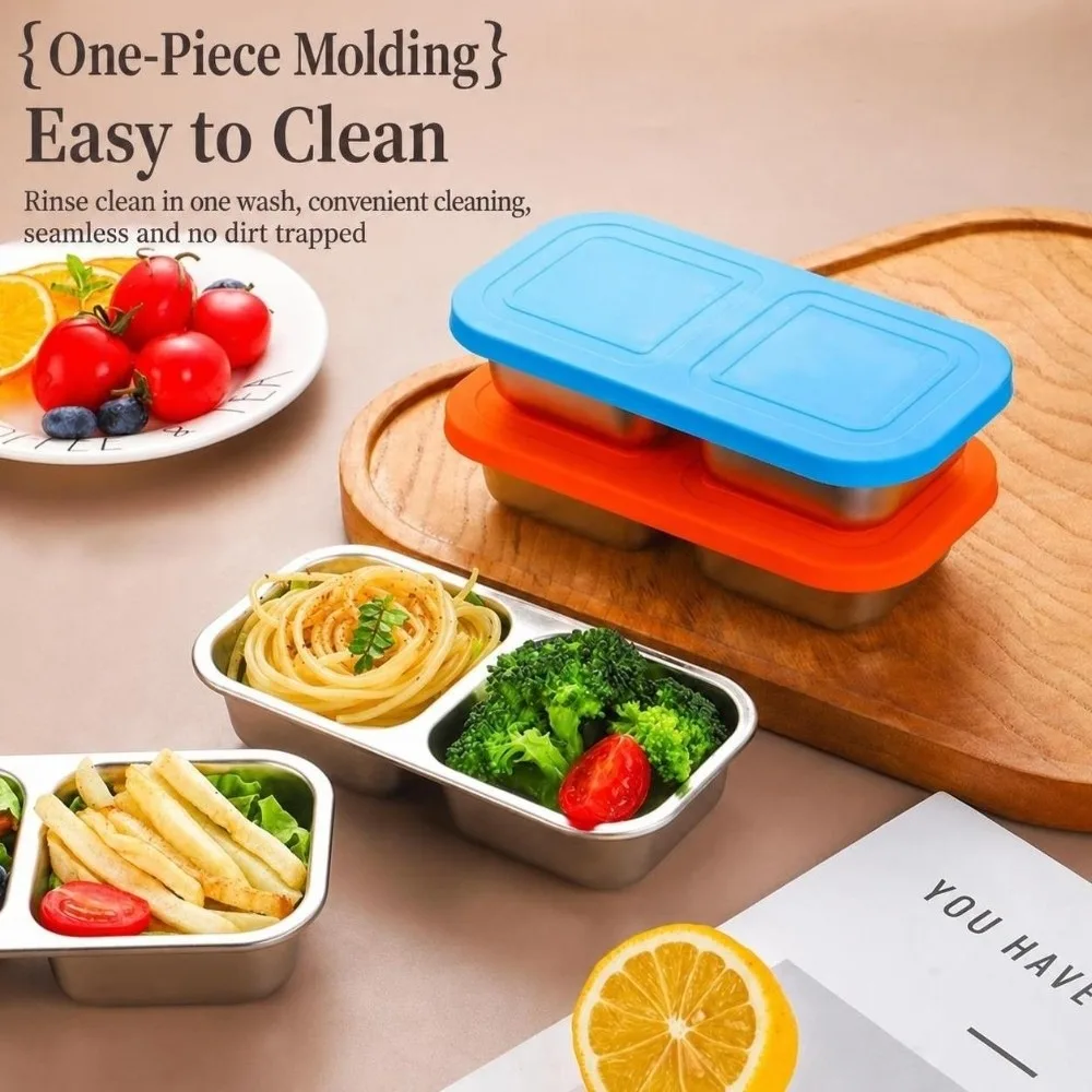 Reusable Portable Snack Containers 300 ML Capacity 304 Stainless Steel Food Storage Box Silicone Lids Leak Proof Fruit Salad Box