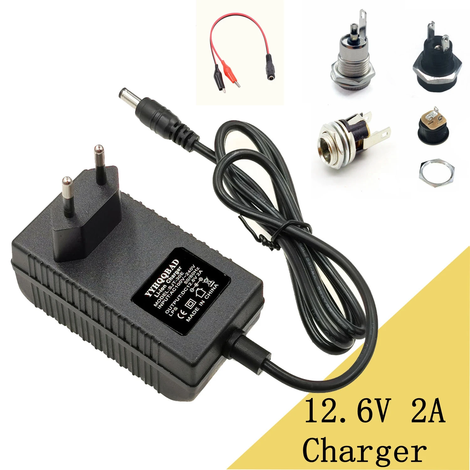 12.6V 2A Lithium Battery Charger 100-240V For Lithium Battery with LED Light DC Power Jack Socket Female Panel Mount Connector